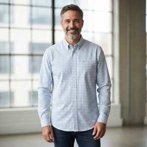 Men's IZOD Blue Long Sleeve Checkered Dress Shirt Size Large 100% Cotton